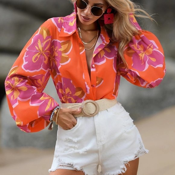 . Tops - Orange Boho Womens Floral Print Lantern Sleeve Shirt